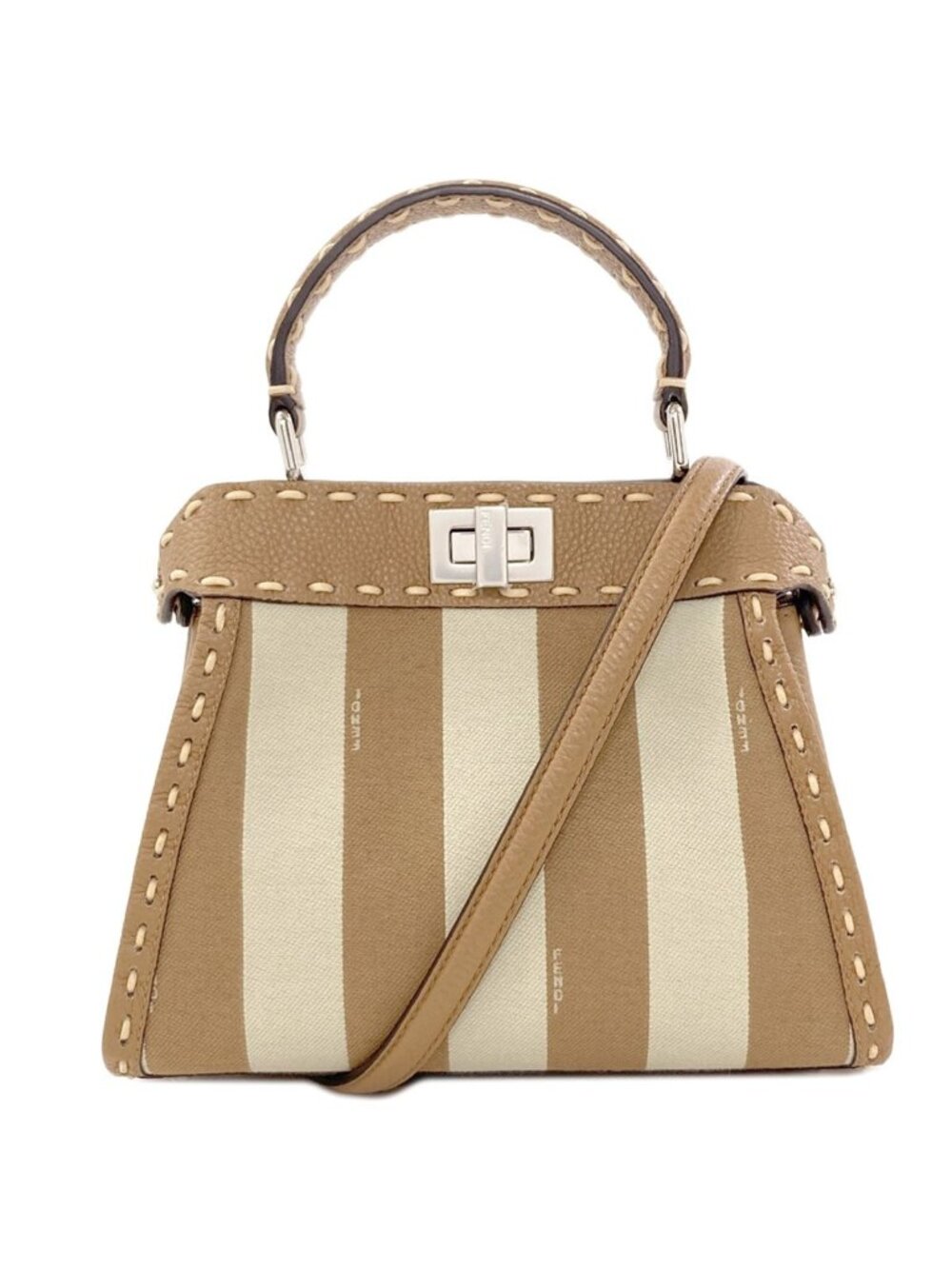 Fendi Peekaboo Mini Selleria Pecan Stripe 2-Way Handbag Canvas
